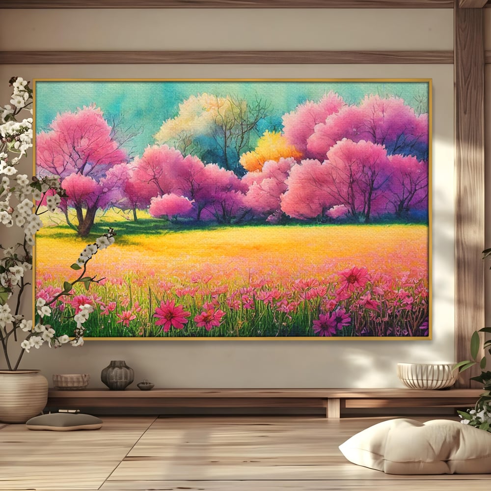 Tablou canvas cu tablou canvas cu peisaj de primavara, in rama de aluminiu auriu